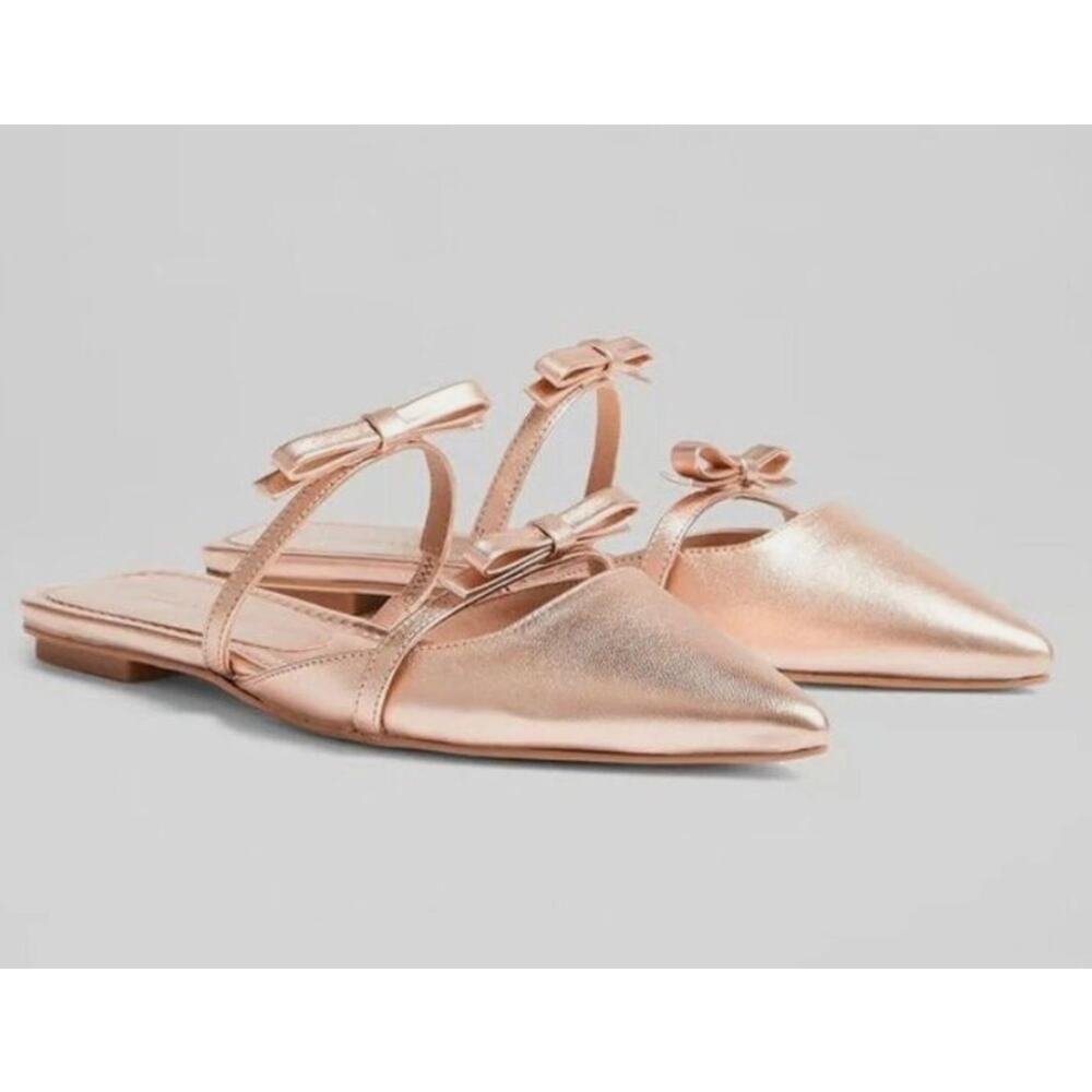 LK Bennett London rose gold pointed toe flats with bows womens size 35